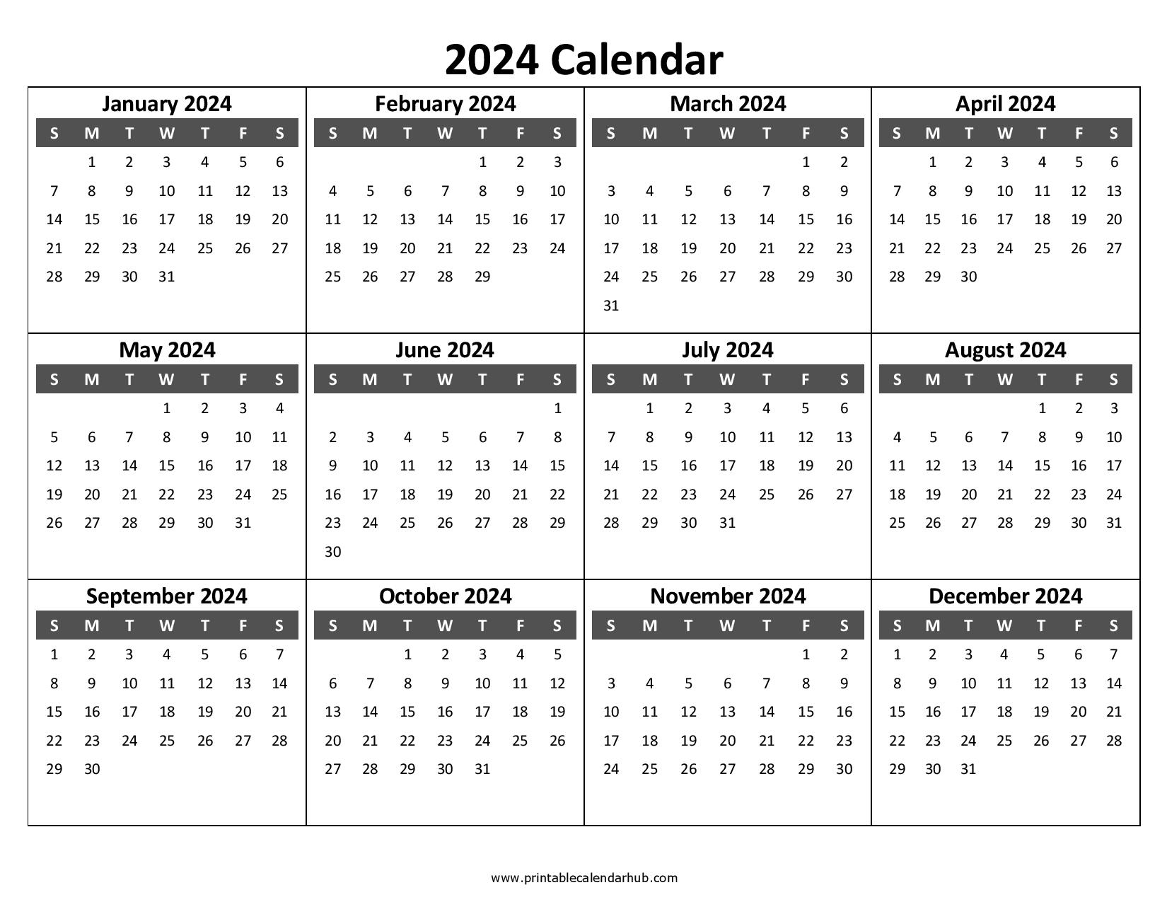 2024 Calendar Printable Yearly Template PDF Word Printable 