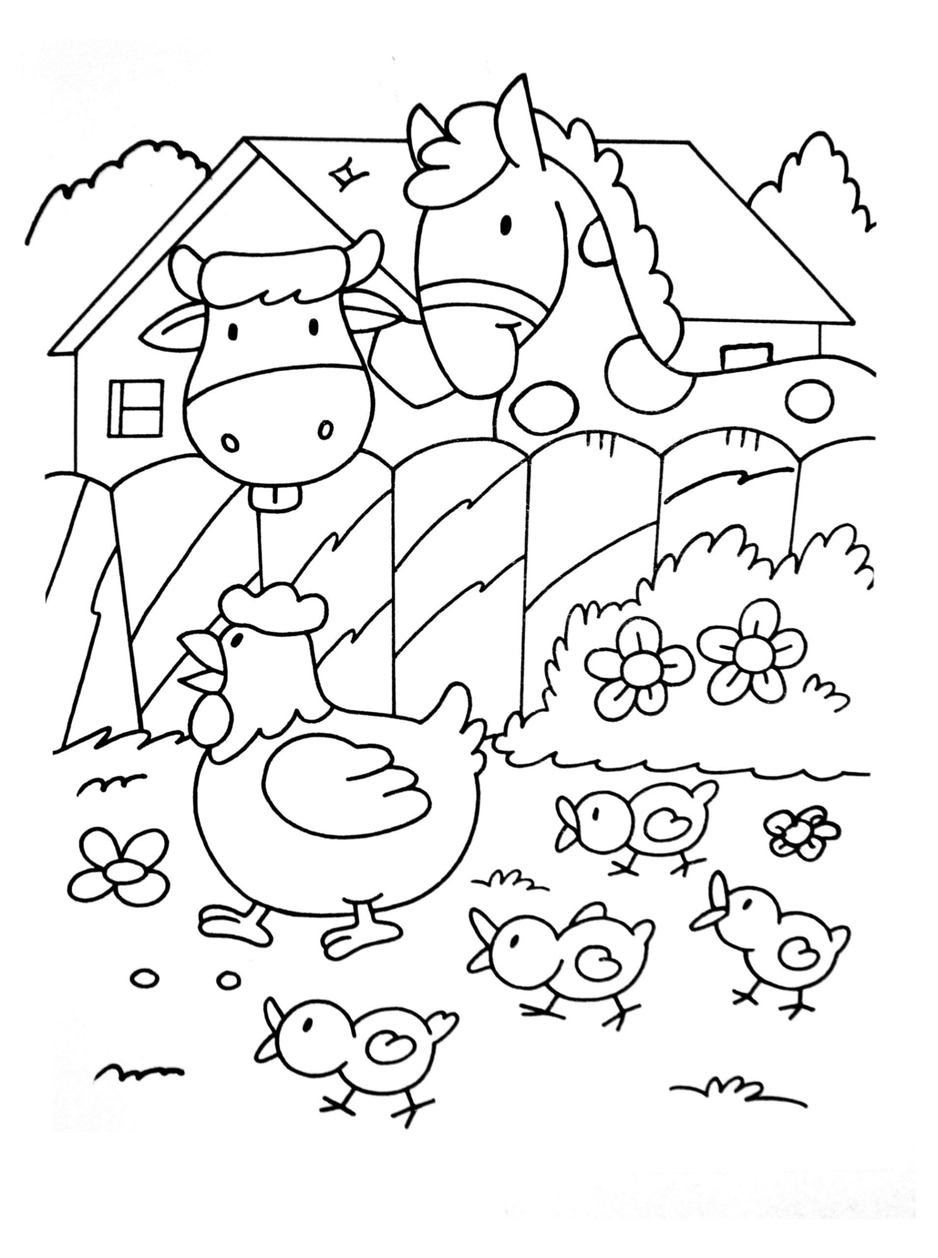 A Hen And Her Chicks Watched By A Cow And A Horse Farm Coloring Pages