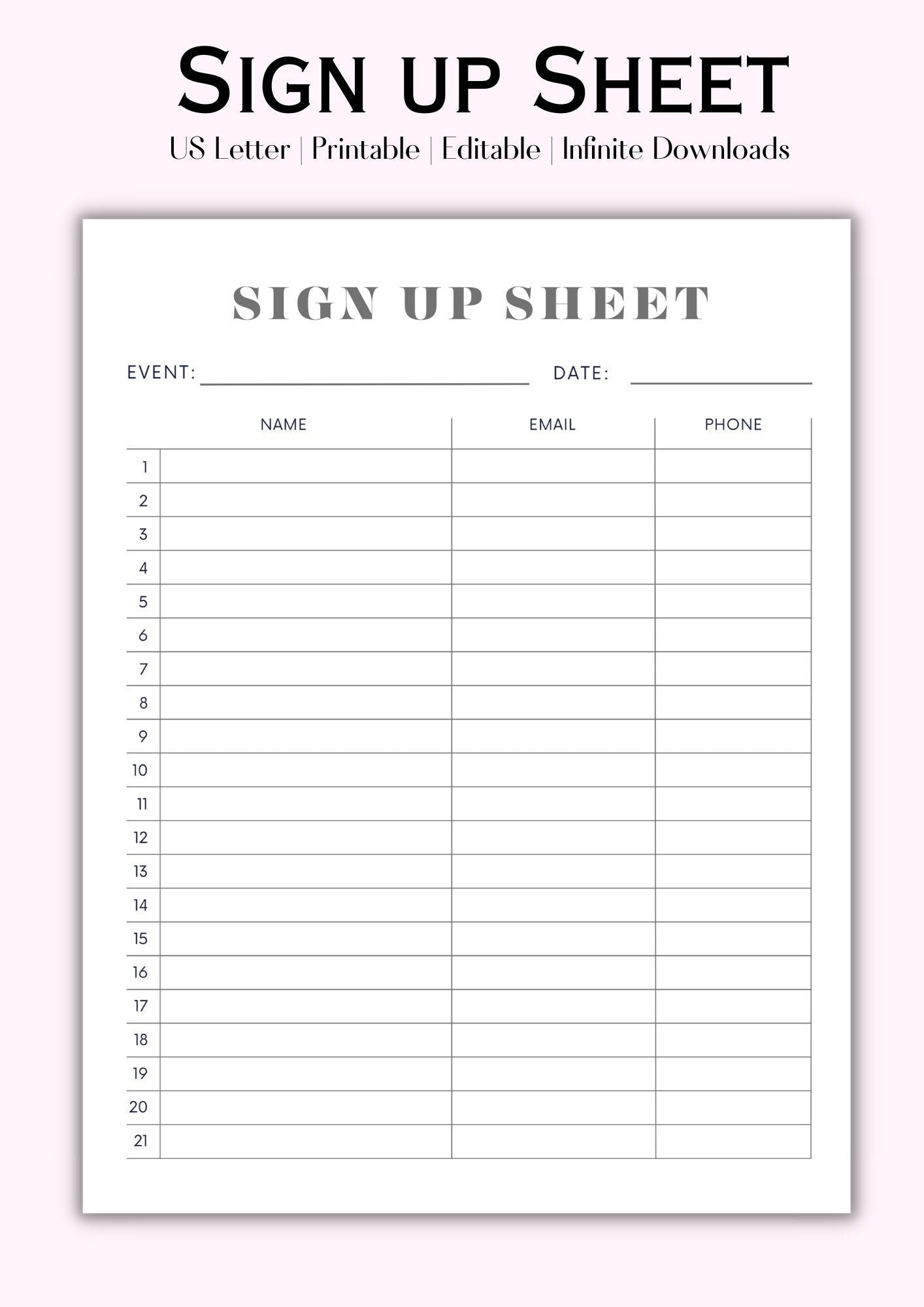 Editable Sign Up Sheet Printable Single Sign Up Form Minimalist Sign 