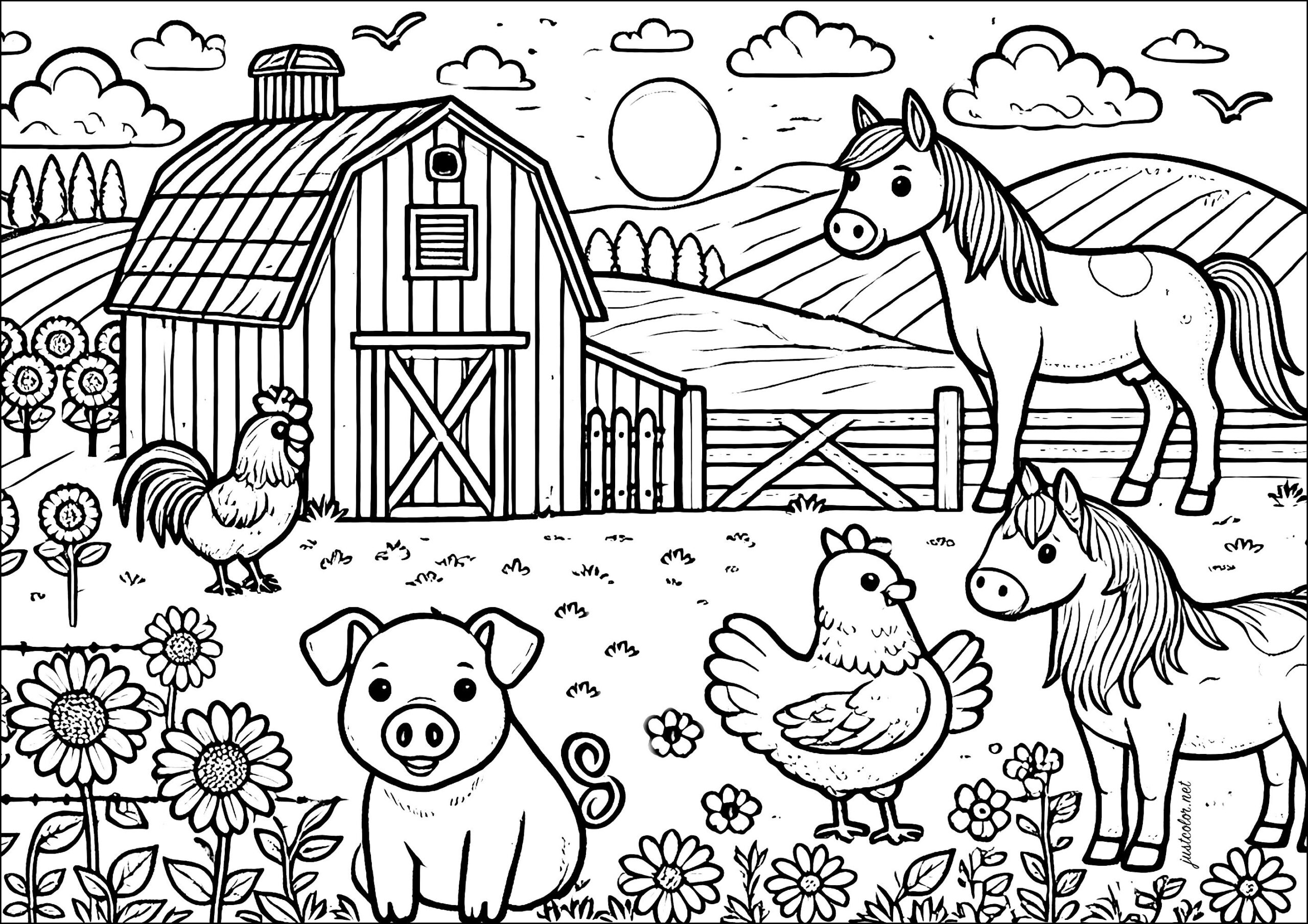 Farm Animals Pigs Horses And Chickens Farm Coloring Pages
