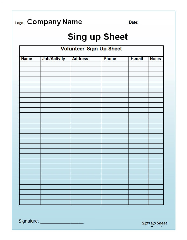 Printable Sign Up Sheet