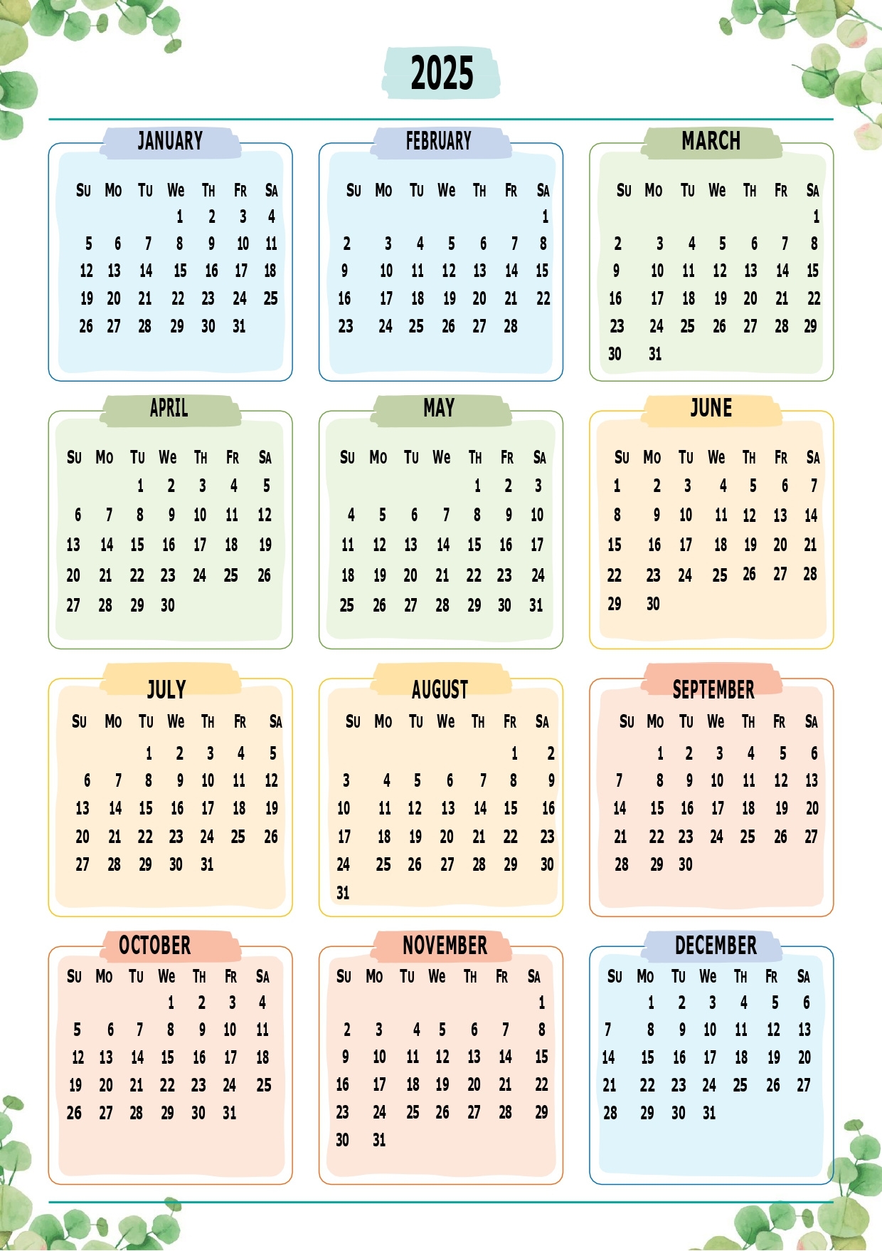 2025 Year Calendar Printable Free