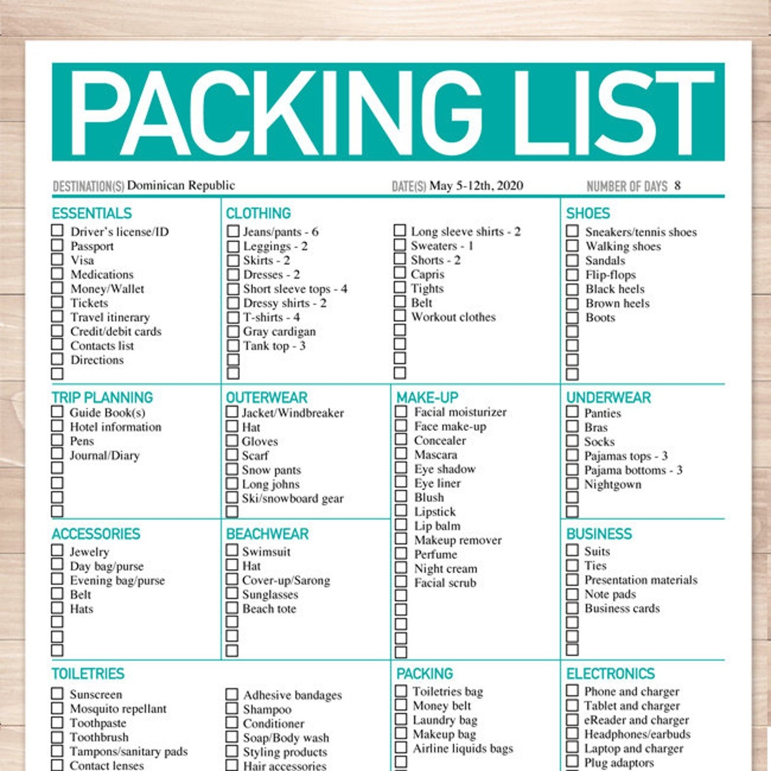 Modern Bright Aqua Printable Packing List 8 5 quot x11 quot Editable PDF 