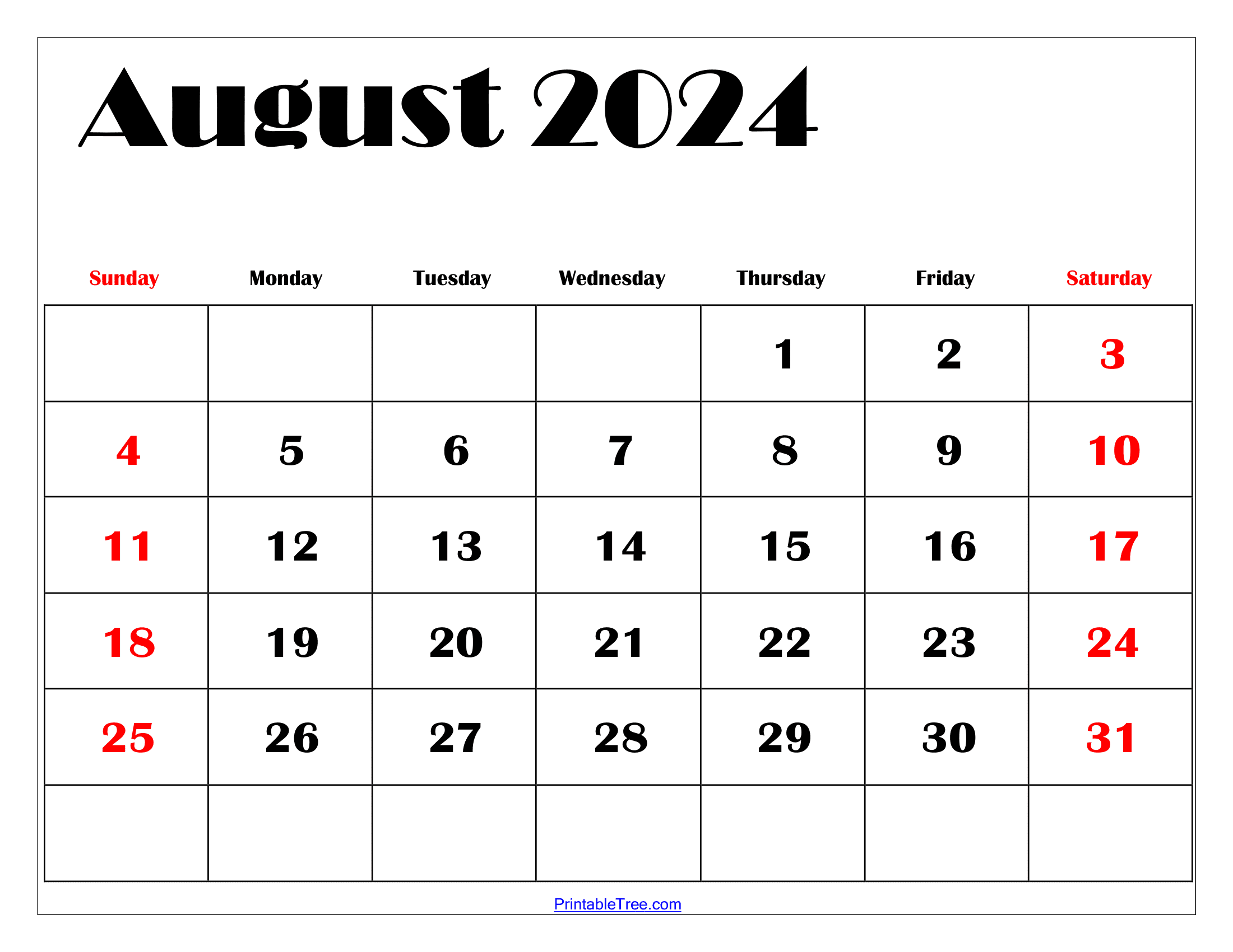 August Calendar Free Printable