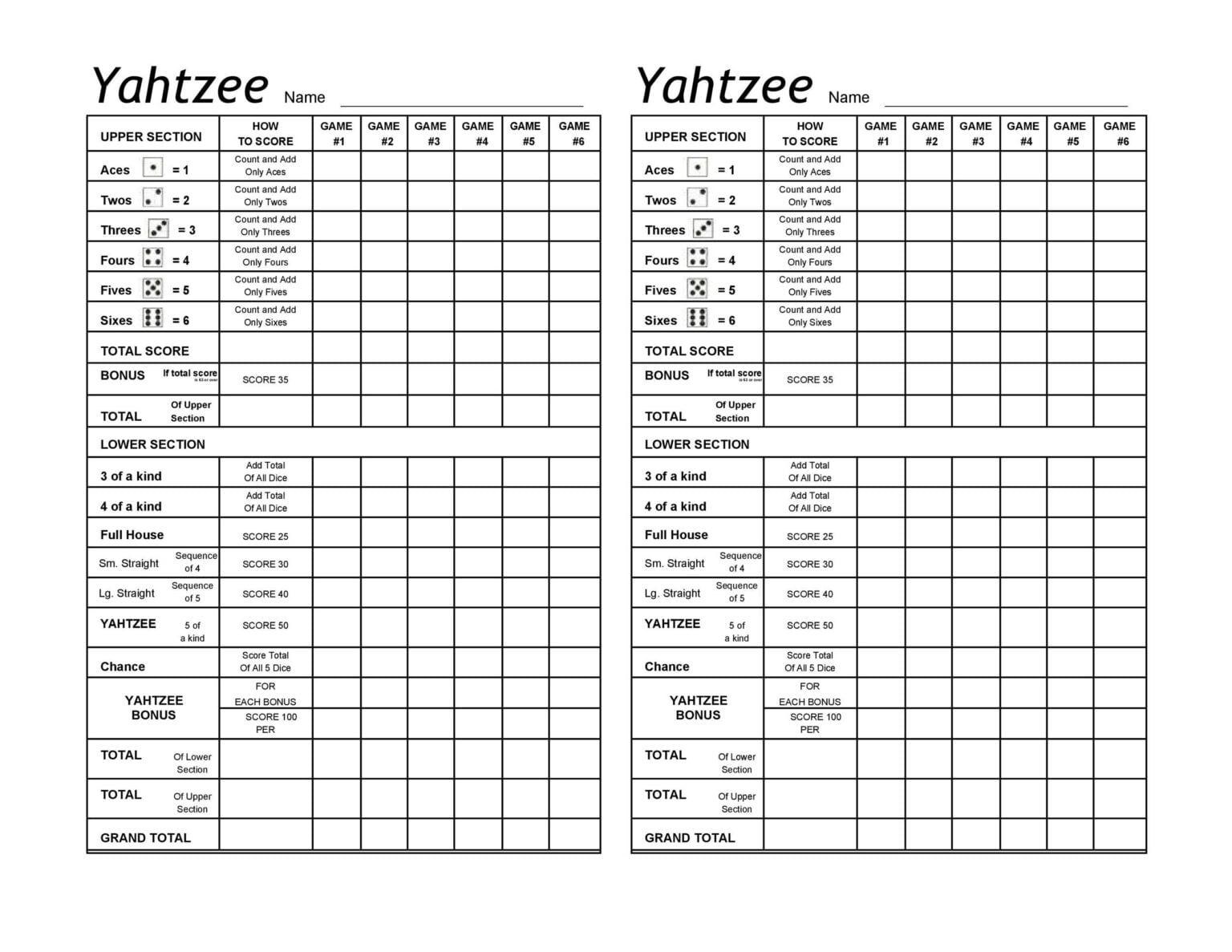 Yahtzee Score Sheets Printable