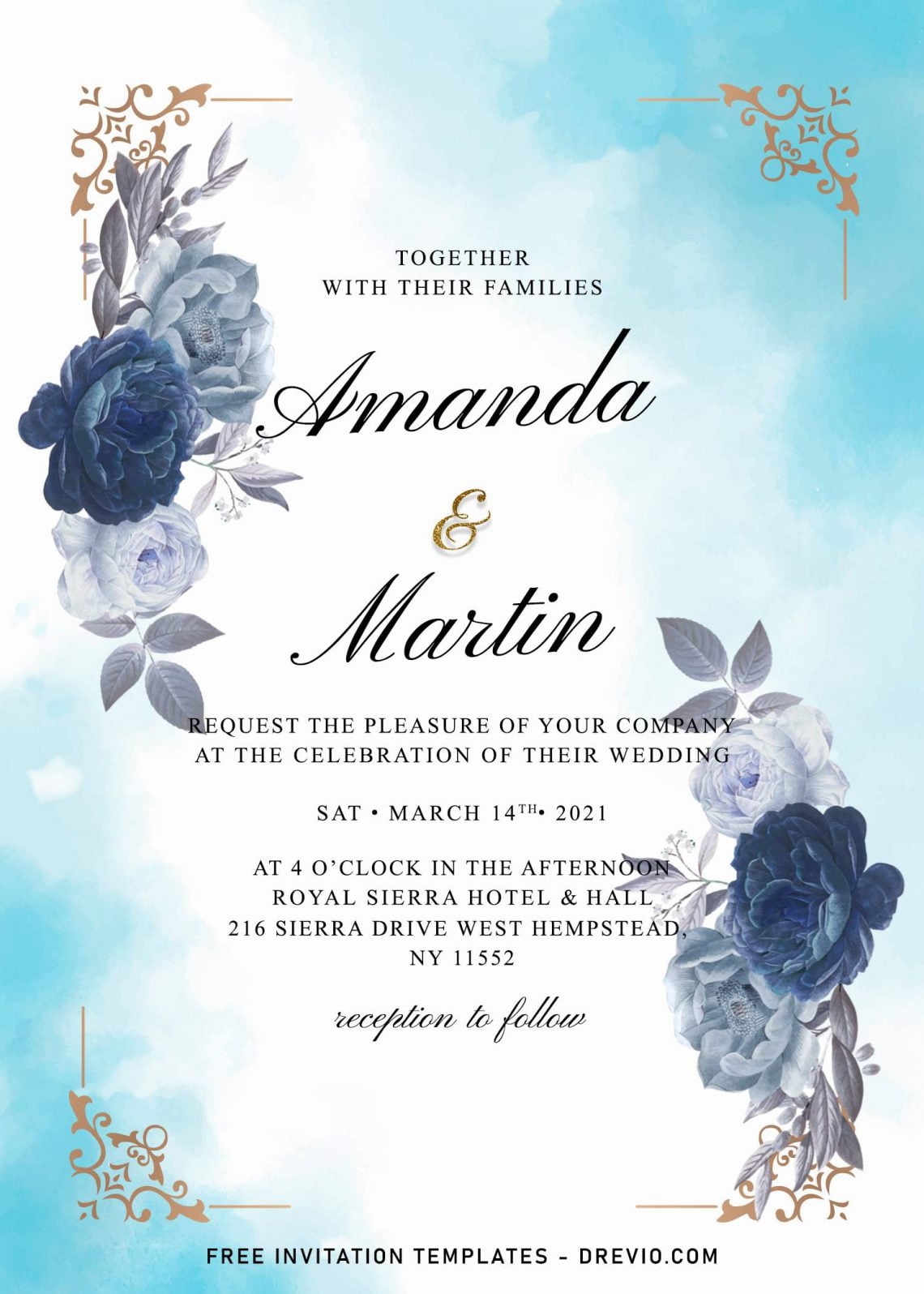 7 Dazzling Watercolor Blue Roses Wedding Invitation Templates 