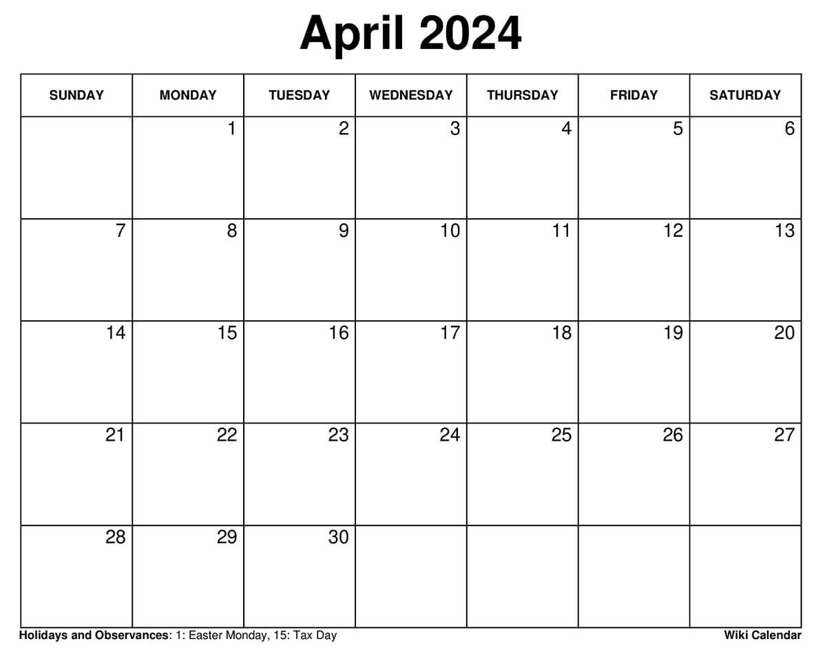 April 2024 Calendar Printable With Holidays Calendar Printables 