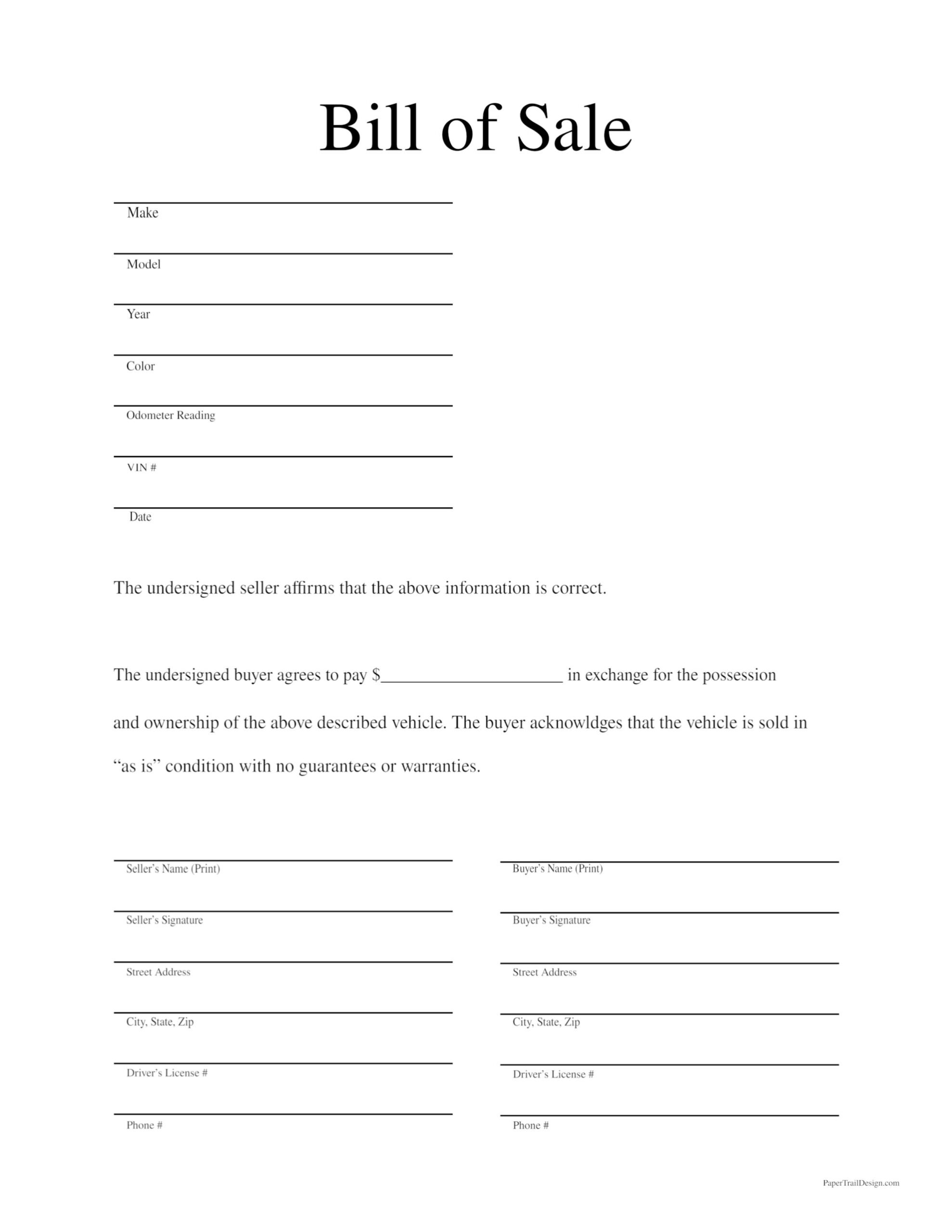 Bill Of Sale Printable Template Free Printable Templates