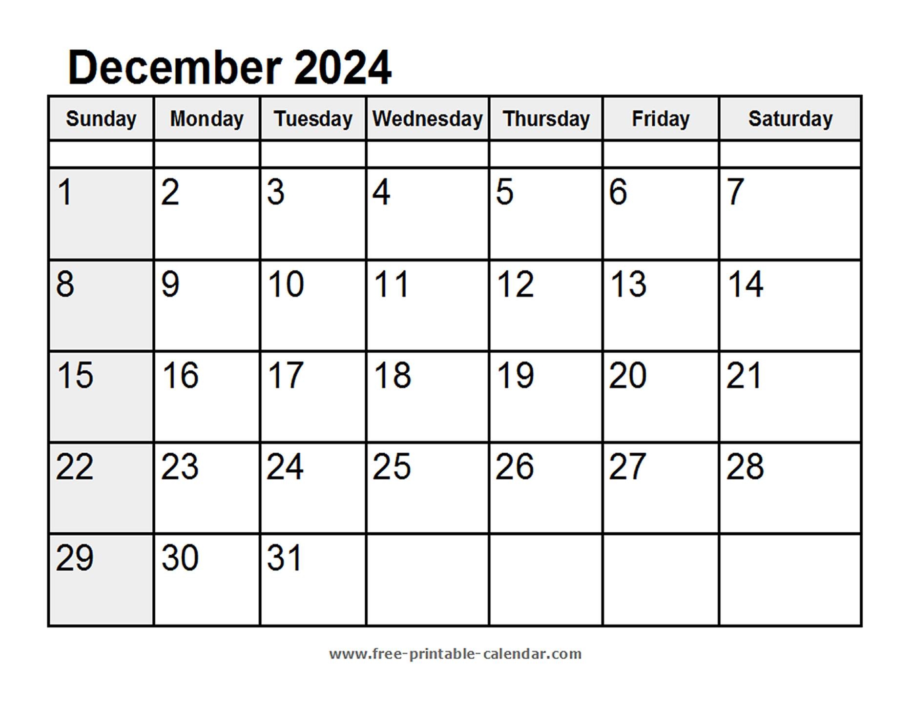 Calendar December 2024 Free printable calendar
