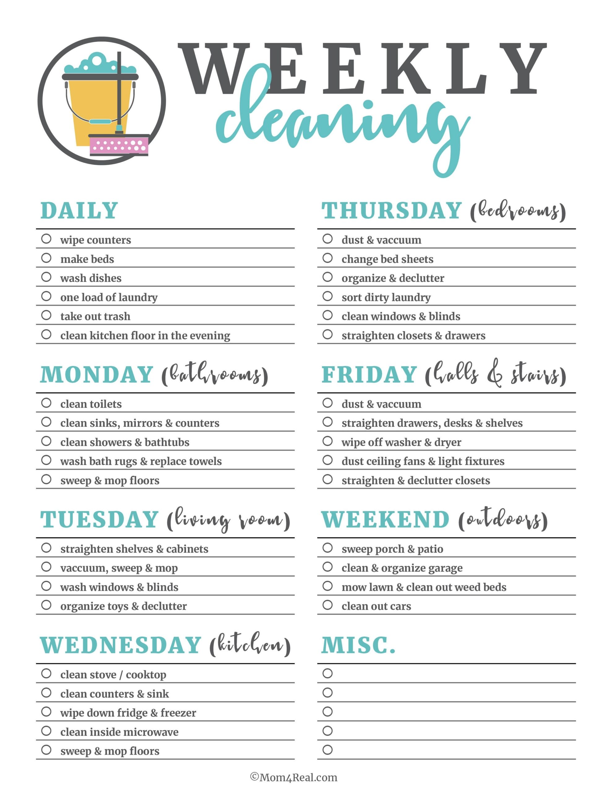 Weekly Cleaning Schedule Printable