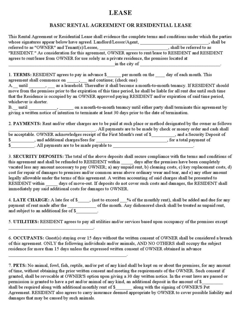 Download Free Basic Rental Agreement Or Residential Lease Printable 