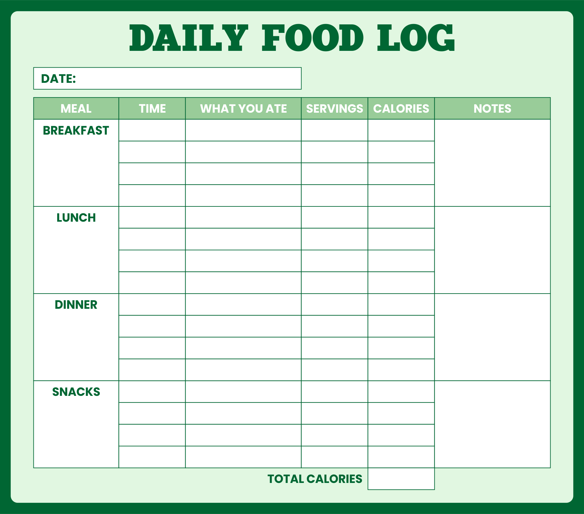 Free Printable Daily Food Sheet
