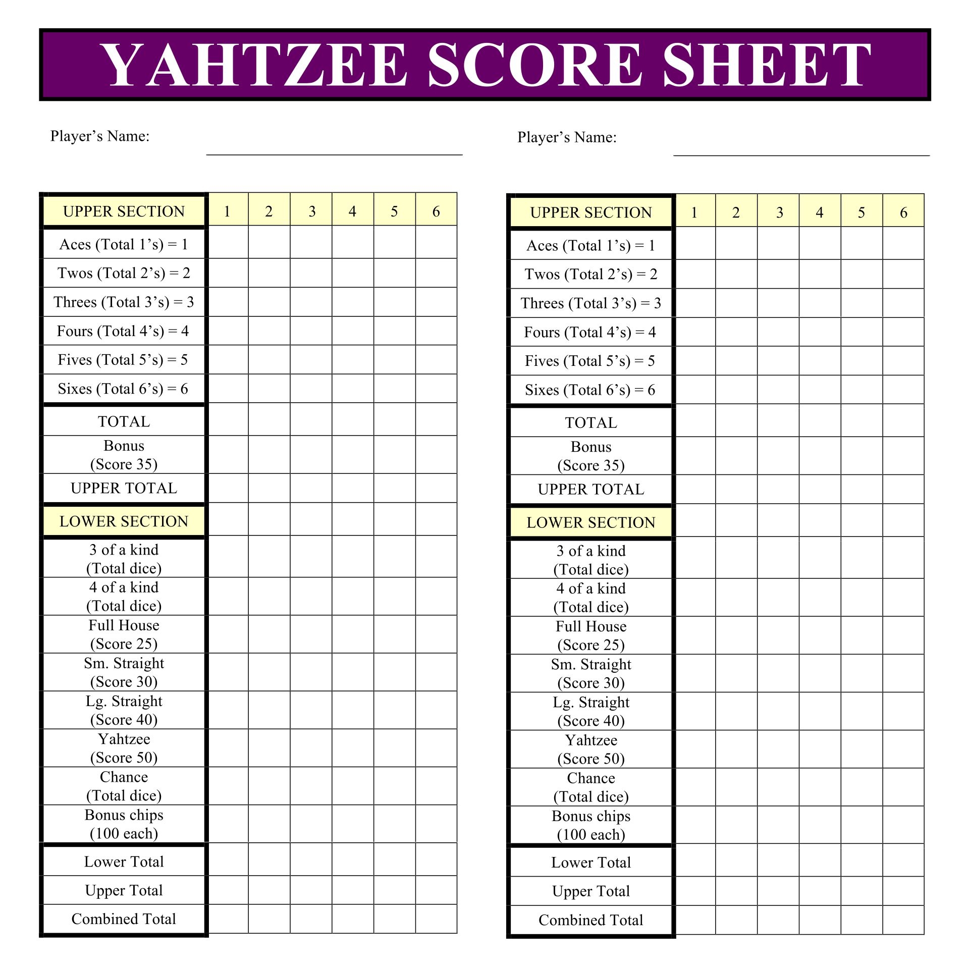 Free Printable Yahtzee Score Sheets