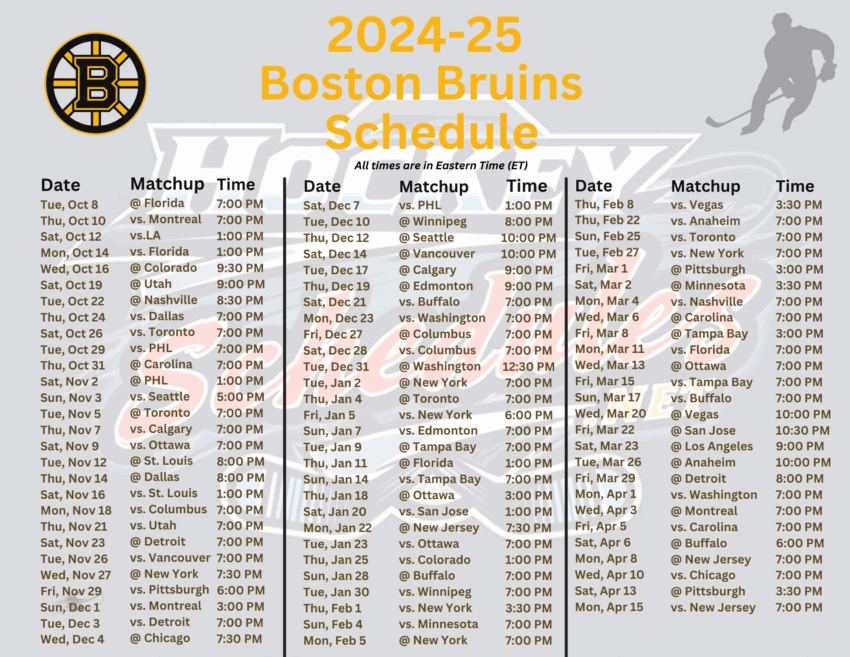 Printable 2024 25 Boston Bruins Schedule Matchups PDF Format Hockey