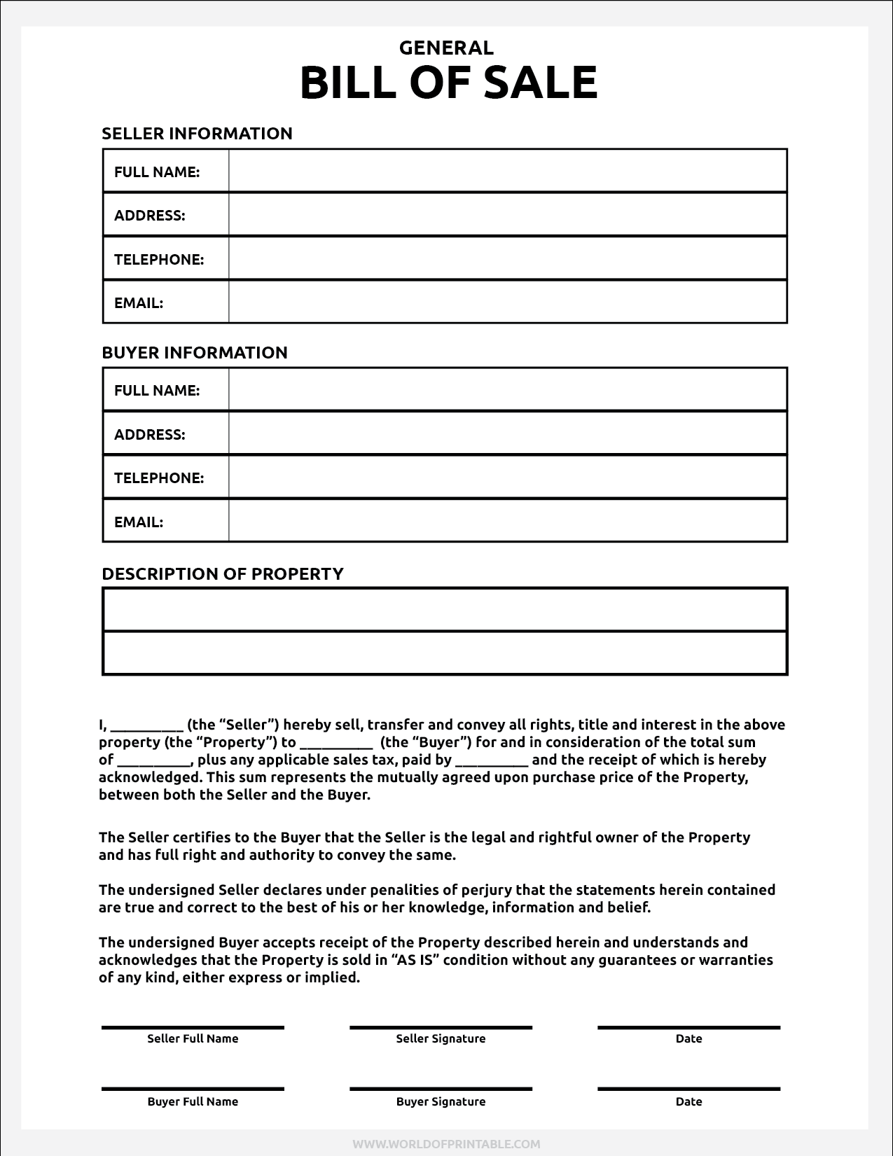 Bill Of Sale Template Free Printable