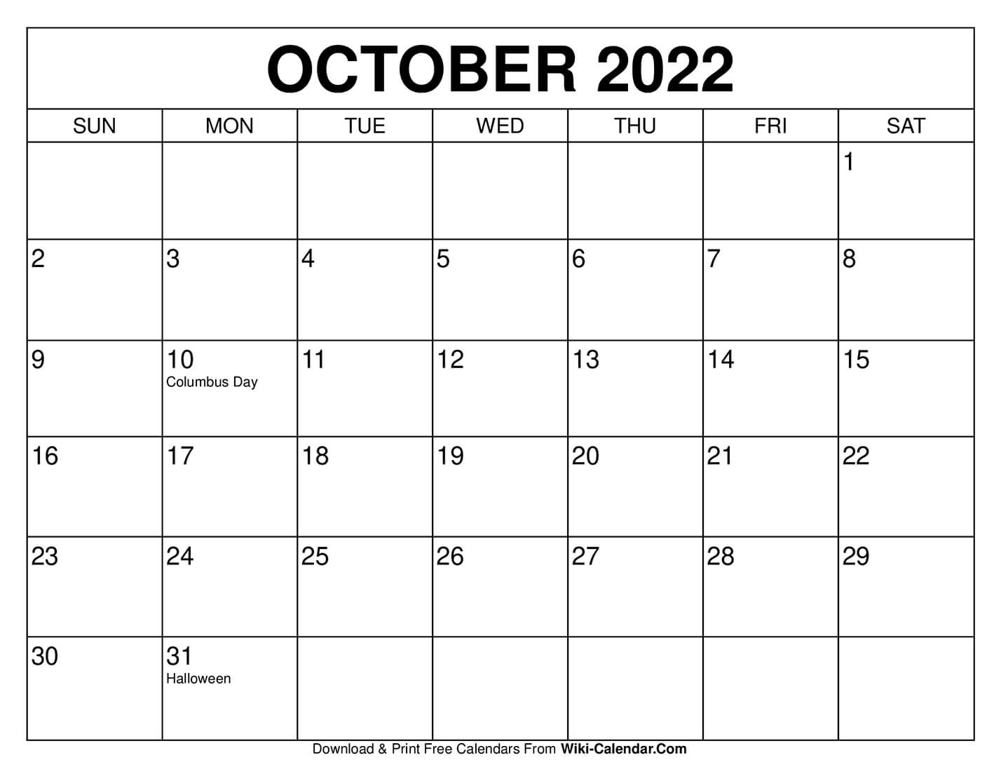 Printable Blank Calendar October 2022