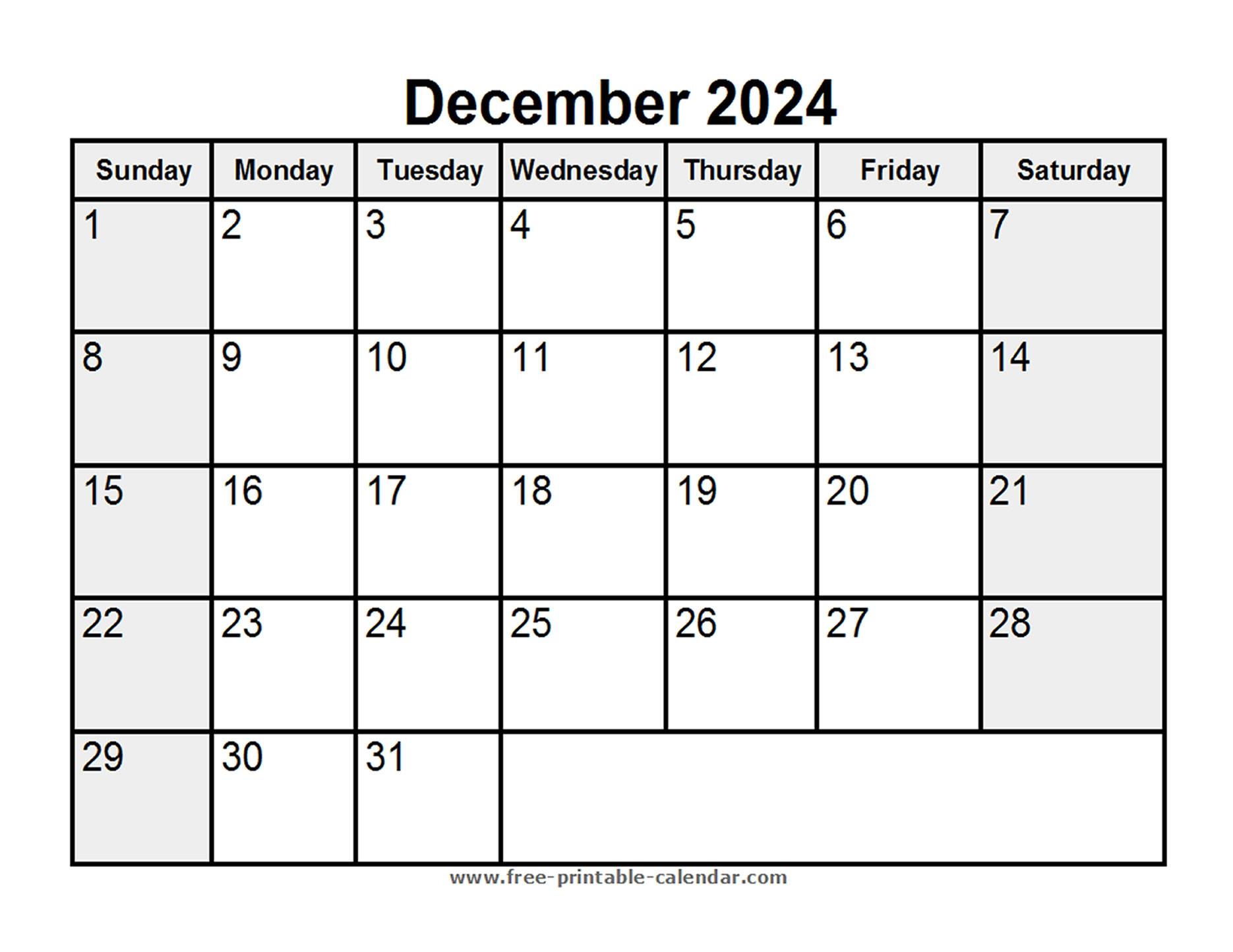 Printable December 2024 Calendar Free printable calendar